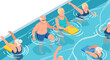 © Santiago - Senior aquatic exercise class in pool with elderly participants engaging in water aerobics for fitness and health