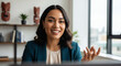 © gabriel - Confident businesswoman presenting from home, engaging in a virtual meeting, sharing ideas, promoting a product, or teaching an online class with a smile