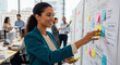 © gabriel - Dynamic businesswoman brainstorming ideas on whiteboard with sticky notes, teamwork and collaboration in modern office, strategic planning session