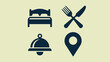 © Ramzan - A graphic with a bed, crossed fork and knife, a bell, and a location pin on a light background shade