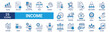 © Squadfire - Income icon set. Containing paycheck, accounting, work, payment, tax, pension, wages, employment, investment, overtime and more. Blue vector icons collection.