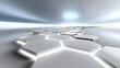 © raden - A pathway made of illuminated hexagonal shapes stretches into a bright, futuristic landscape with a hazy horizon, suggesting progress and innovation.