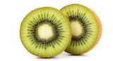 Two kiwi fruit slices, one slightly behind, showing seeds and flesh