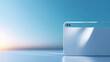 © perfectlab - Minimalistic blank web browser window on reflective surface with soft blue gradient background and sunlight flare