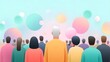 © pkproject - Illustrative scene of a diverse crowd looking forward set against a gradient sky with floating abstract colorful circles symbolizing and comm