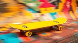 ollie. Yellow skateboard captured at a dynamic angle with motion blur, placed on a vibrant abstract background. event key visuals, club posters, designed for fitness apps and gym onboarding.
