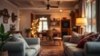 © z - Family home interior with comfortable furnishings and warm lighting.
