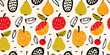 © Olgastocker - Cute vector seamless pattern with different summer fruits, apples, pears, cherries, exotic fruit. Abstract hand-drawn style illustration. Funky childish background. Repeating design for print, package