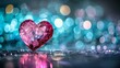 © Rusiaeva.Pgh - Elegant pink crystal heart on reflective surface with soft bokeh lights for luxury valentine s day