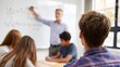 © CreativeArt - Teen students listening to male teacher explaining math equations on whiteboard during high school lesson