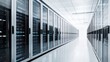 © TommyNa - Long rows of glass-door server cabinets in a bright white data center corridor with reflective floors and cool lighting, idea for IT visuals and digital designs