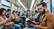 © INSPIRIA.K - A bearded man reads a physical book on a crowded subway train while most other passengers are focused on their mobile phones. Modern commute scene