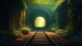 dreamlike liminal space abandoned railroad tracks vanishing into a tunnel overgrown with vegetation the tunnel entrance is dark but has a faint unnatural green glow golden hour light