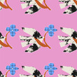 © irinabogomolova - Seamless naive-style pink vector pattern with abstract birds holding geometric blue flowers. Rough textures, cut-out shapes, and playful retro vibes
