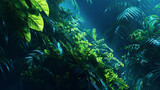 Lush tropical foliage with vibrant green leaves and a dark, moody atmosphere in a dense jungle