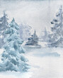 © Ekaterina Lanbina - Watercolor painting of a snowy forest with pine trees isolated on white. Minimalist winter landscape hand drawn for greeting card, holiday background, or nature theme. Monochrome winter landscape.