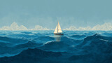 Small sailboat navigates vast blue ocean waves beneath a bright cloudy sky