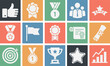© IconNest - Solid filled icon set representing team achievements including a trophy medal certificate target star and growth chart with various color variations for diverse design applications