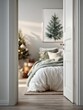 © Johannes - a peek through an open door into a bedroom interior that is blurred a bed with green and gray linen and pillows against a wall with an evergreen tree poster real photo no logos no brands ar 34
