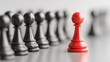© Taiwo - Red pawn represents a leader who stands apart from the rest of the group black pawns. Competitive environment idea win team pawn. Leadership red chess pieces. Chess pawn individuality and strategy.