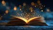© mila103 - An open book rests on a surface, radiating bright, magical sparks in a dimly lit environment. This captivating display highlights the joy of reading and storytelling.