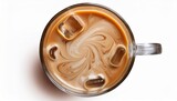realistic top view of iced coffee with milk swirling inside