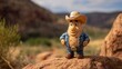 © mila103 - A cowboy figurine with a cheerful expression is positioned on a rocky surface. The background features lush greenery and distant hills under a bright sky, capturing a lively outdoor setting.