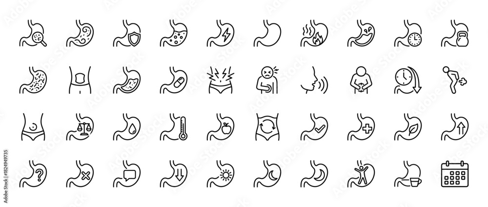 Digestion Pictogram Medical gastroenterology line icon set. Vector pictograms of stomach ...