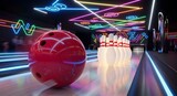 Red bowling ball speeding towards white pins in a vibrant, neon-lit alley, ready for a strike.