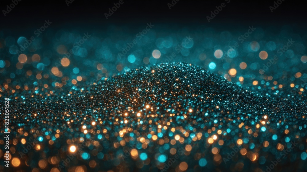 A mound of teal and gold glitter reflects light, creating a shimmering effect. The bokeh background adds depth, enhancing the visual appeal of the sparkling surface.