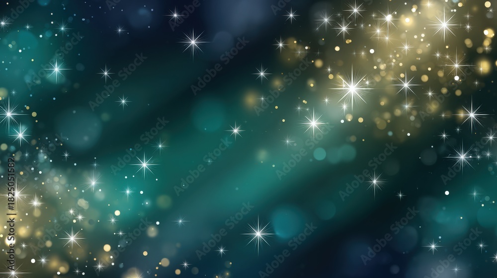 Bright stars twinkle against a deep blue background, surrounded by glowing orbs of various sizes. This magical scene evokes a sense of wonder and beauty, perfect for celebrations.