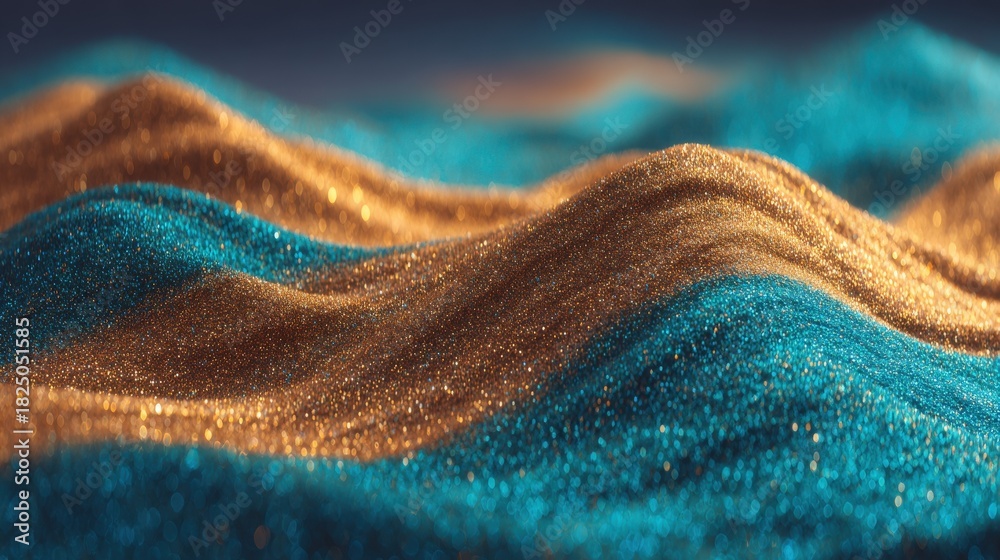 This scene features smooth, flowing sand dunes in bright turquoise and gold colors. The light reflects off the grains, creating a mesmerizing pattern that highlights their texture and beauty.