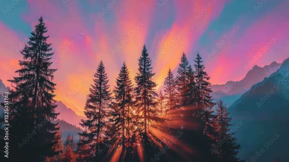 A breathtaking sunset casts brilliant colors across the sky, illuminating a dense forest. Tall trees create striking silhouettes against the vibrant hues of orange, pink, and purple.