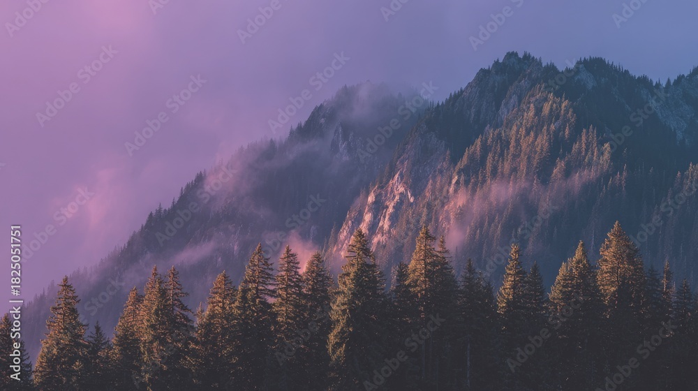 Twilight settles over majestic mountains, shrouded in soft clouds.