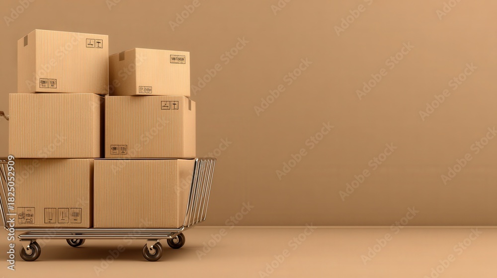 Cardboard boxes are neatly stacked inside a shopping cart, set against a smooth, brown wall that creates a minimalistic and clean atmosphere. The scene highlights simplicity and organization.