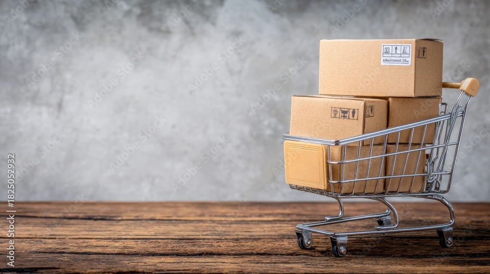 A shopping cart holds several stacked cardboard boxes, showcasing a typical online shopping experience. The background features a textured gray wall, and the cart is placed on a rustic wooden surface.