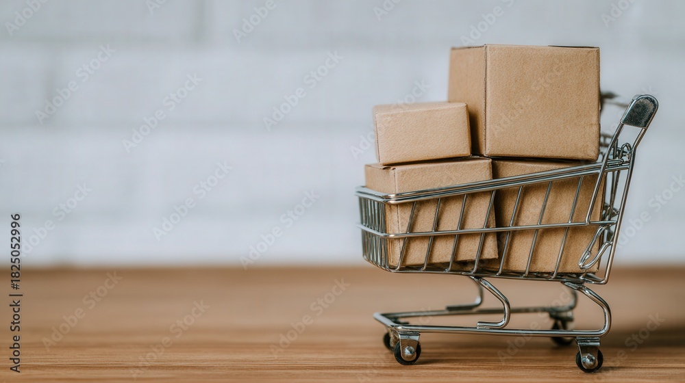 A silver shopping cart holds several brown cardboard boxes, symbolizing online shopping and home delivery. The scene is set against a simple, neutral background.