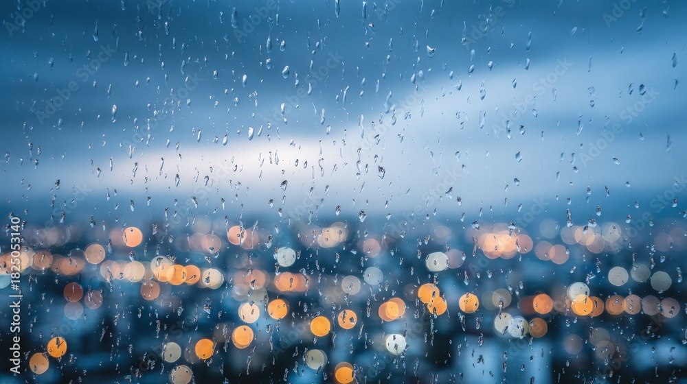 Raindrops cling to a window, creating a blurred effect on the colorful city lights in the background. The scene captures the tranquil beauty of a rainy evening.