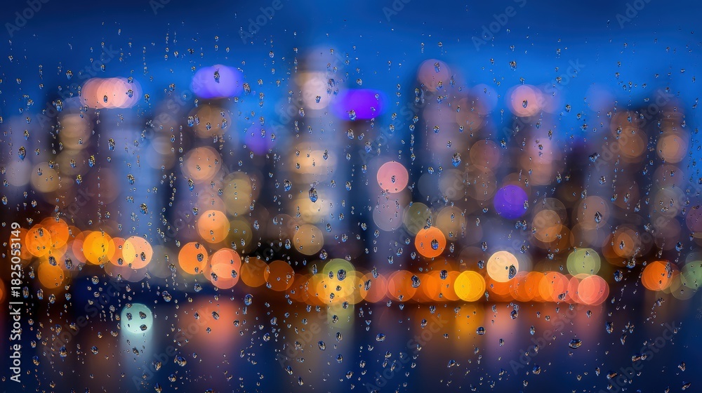 Bright city lights shine through a rainy window at night, creating a vibrant bokeh effect with reflections and blurred shapes. The scene captures the beauty of urban life in wet weather.