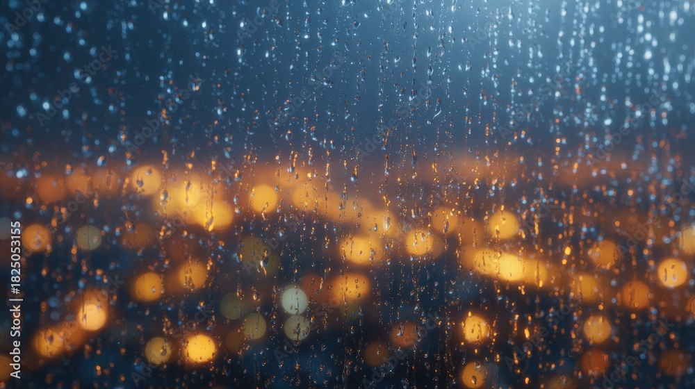 Raindrops cling to a window, distorting the vibrant orange city lights below. The scene captures a moody atmosphere during a rainy night, highlighting the beauty of urban life in wet weather.