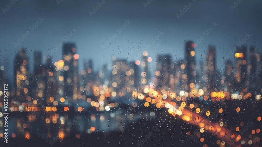 Raindrops cling to a window, softening the city skyline in the background. Bright lights from buildings and streets create a warm glow against the evening sky, giving a tranquil urban vibe.