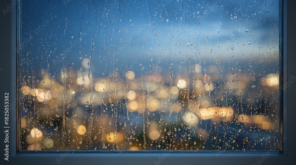 Raindrops cling to a window, blurring the view of a cityscape sparkling with lights as twilight sets in. The scene conveys a cozy ambiance, perfect for reflection.
