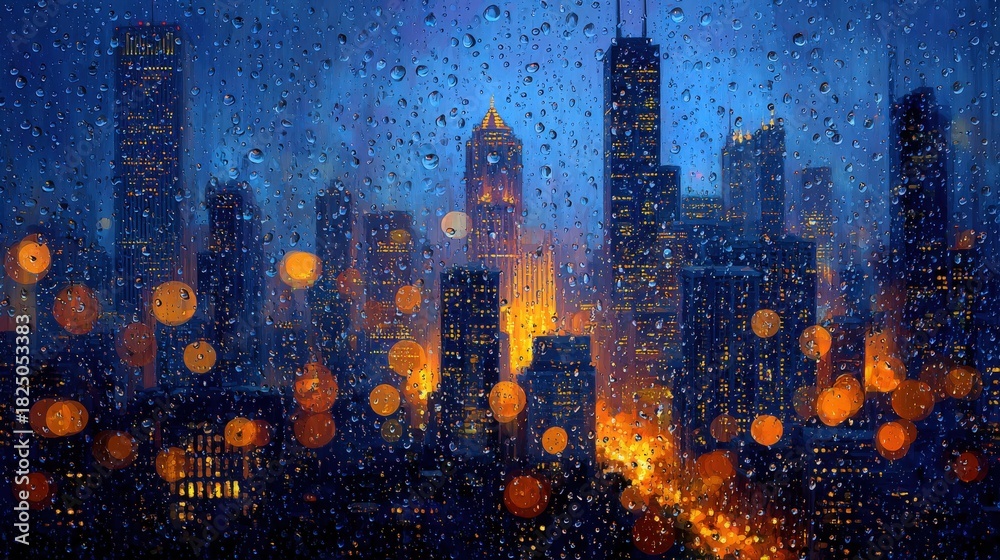 Bright city lights shine through a rainy window at night, showcasing a vibrant skyline. Buildings glimmer in gold and blue hues, reflecting a lively urban atmosphere during a rainy evening.