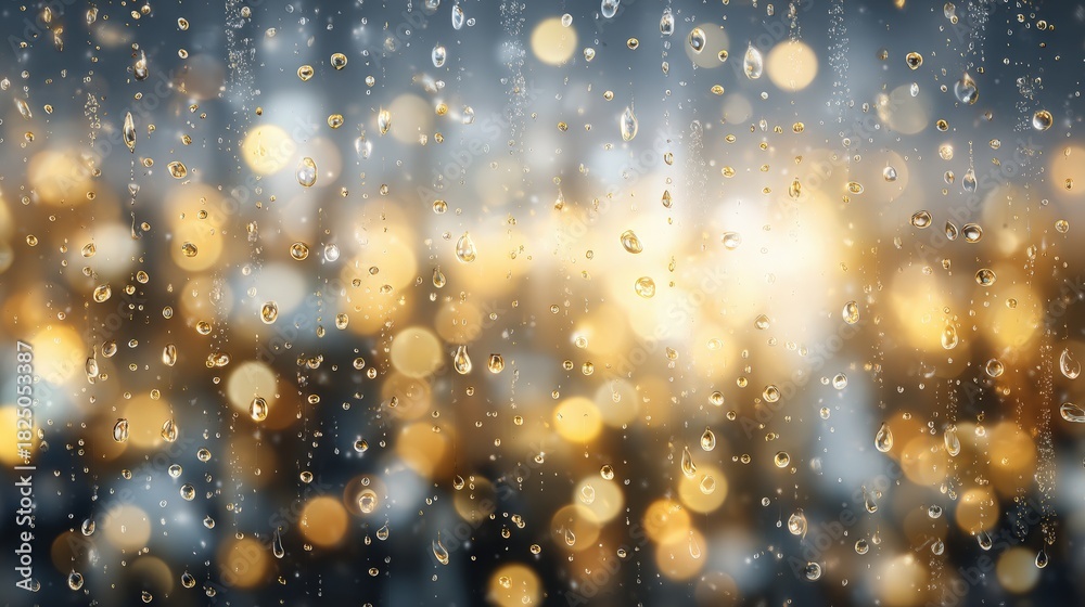 Raindrops cling to a window, blurring the view of glowing lights outside. The scene depicts a cozy, warm atmosphere as evening falls and rain falls gently.