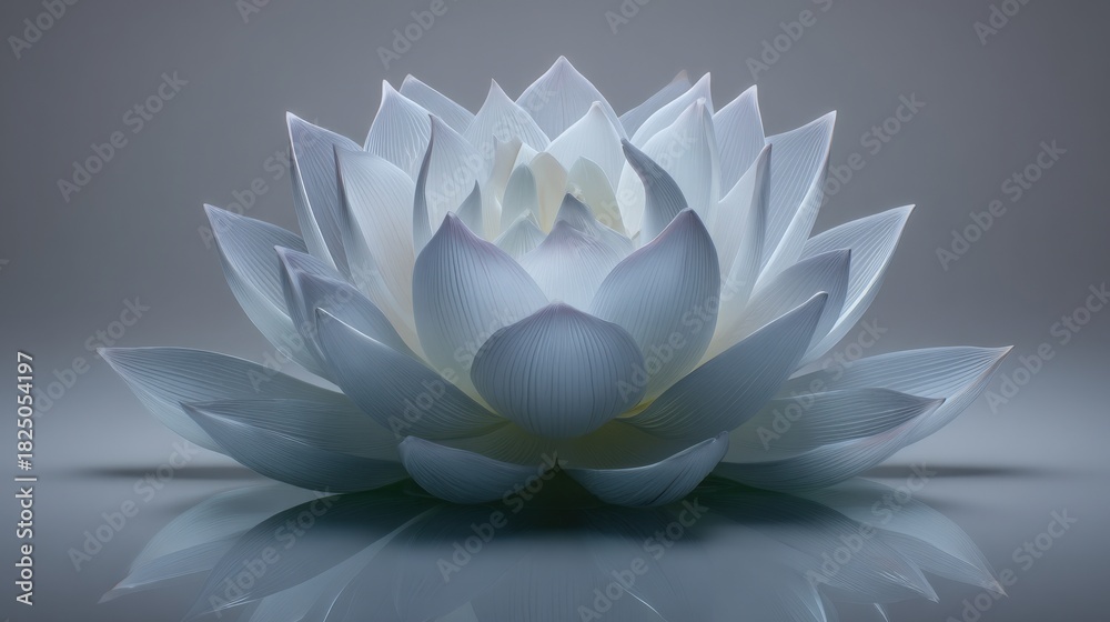 A beautiful white lotus flower blooms gracefully, showcasing its intricate petals. The flower rests on a smooth, reflective surface, creating a serene and tranquil atmosphere.