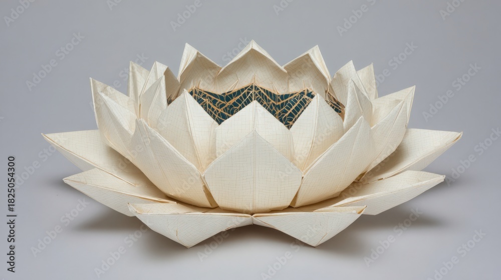 This scene features a stunning paper sculpture of a lotus flower, displaying delicate petal details and a vibrant inner design.