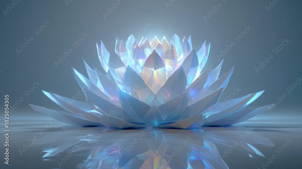 This scene features a stunning lotus flower made of crystal-like material, with delicate petals emitting a soft glow. The tranquil background enhances the serene beauty of this unique design.