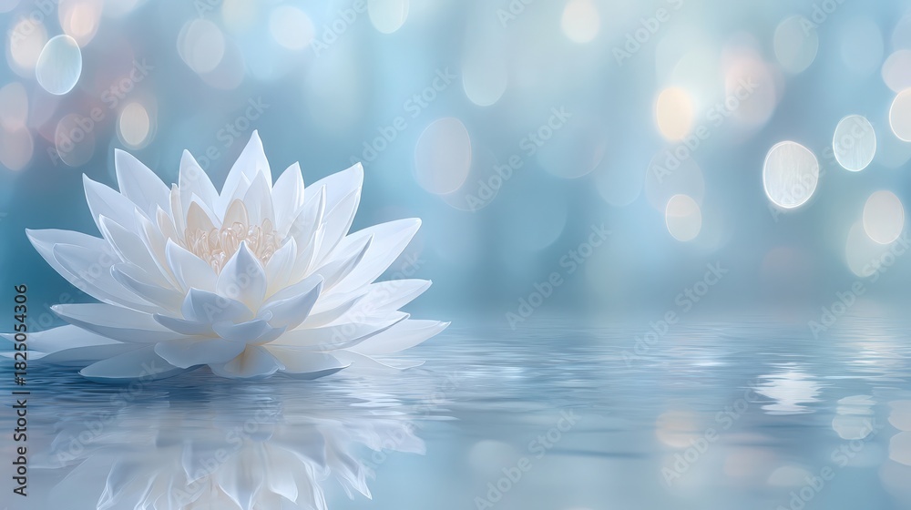A pure white water lily rests on serene water, reflecting soft blue hues. Gentle light glimmers around the flower, creating a tranquil atmosphere perfect for relaxation and peace.