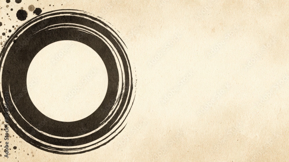 A textured, light brown background features a bold black circular design surrounded by abstract splashes. The artwork evokes a sense of creativity and simplicity, perfect for various artistic uses.