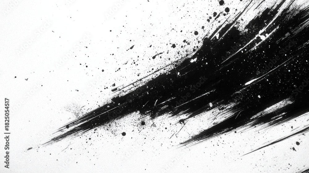 Bold black paint splashes across a white surface form an abstract artwork. The dynamic strokes and splatters suggest movement and energy, inviting viewer interpretation.